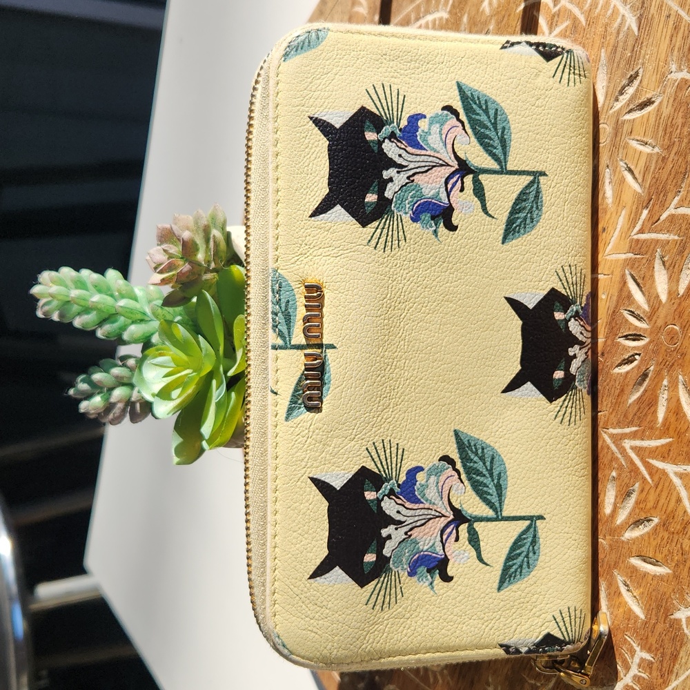RARE Miu Miu Long Zip Wallet - Madras Print - Yellow with Black Cats